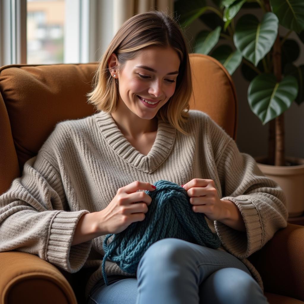 Woman Knitting with Free Shipping Yarn