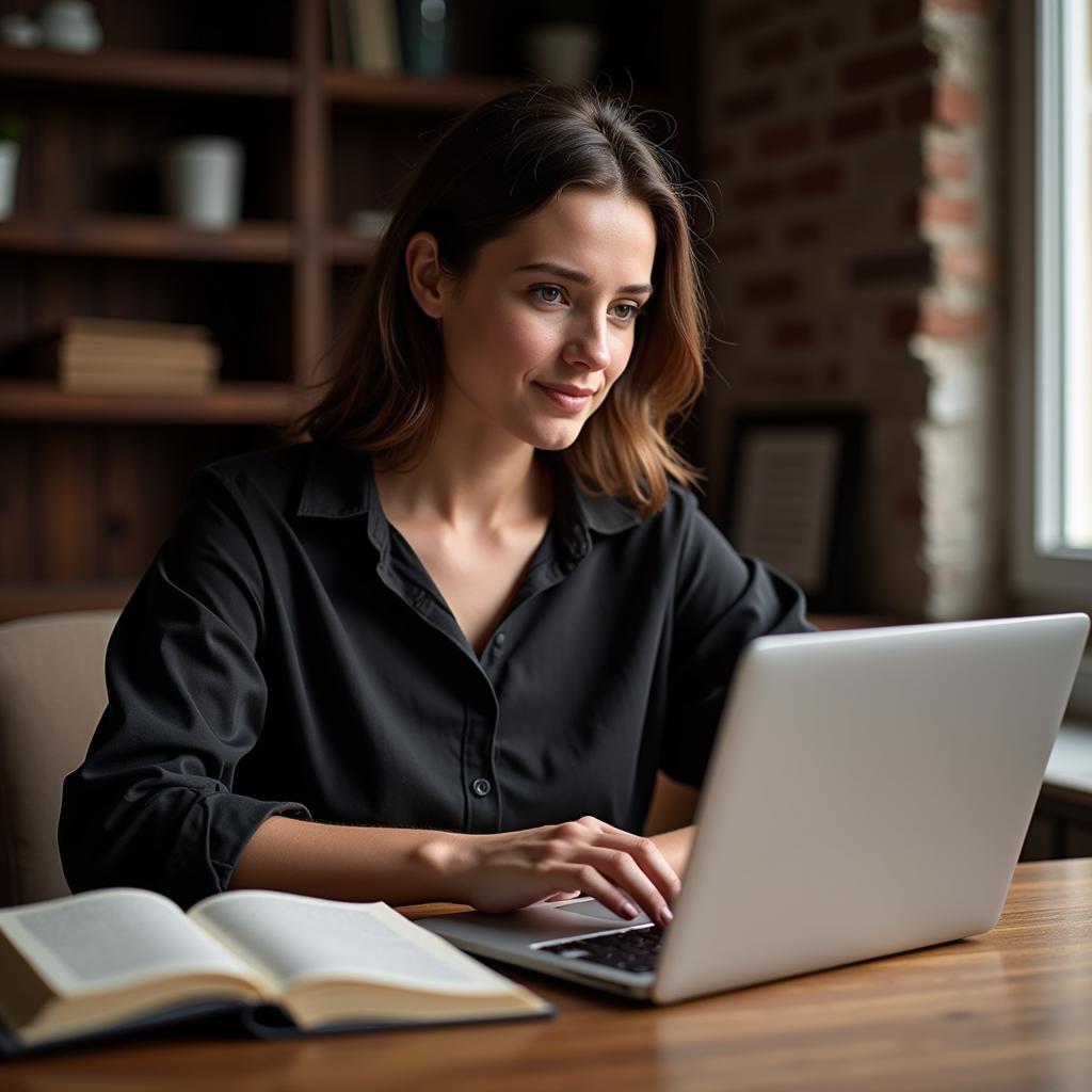 Woman typing a review on a laptop