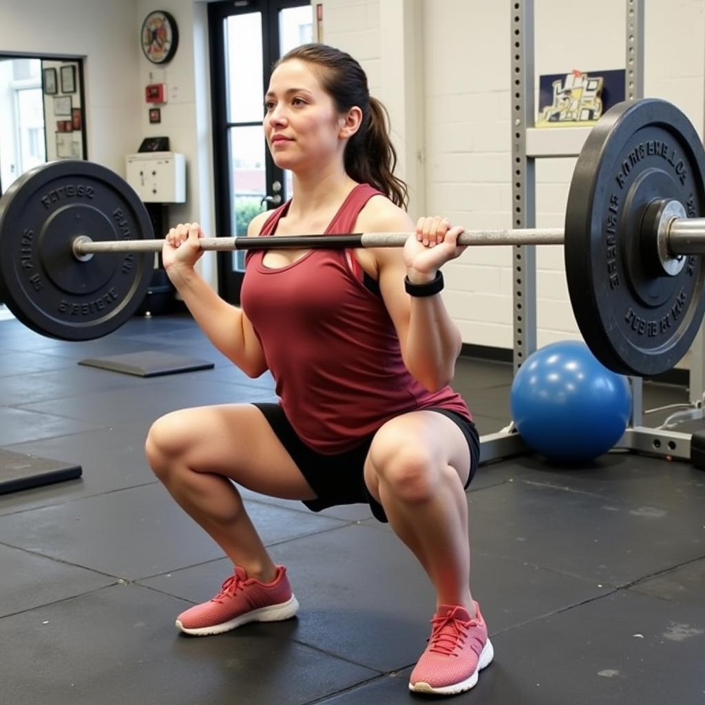 A woman performs squats with a barbell in her home gym