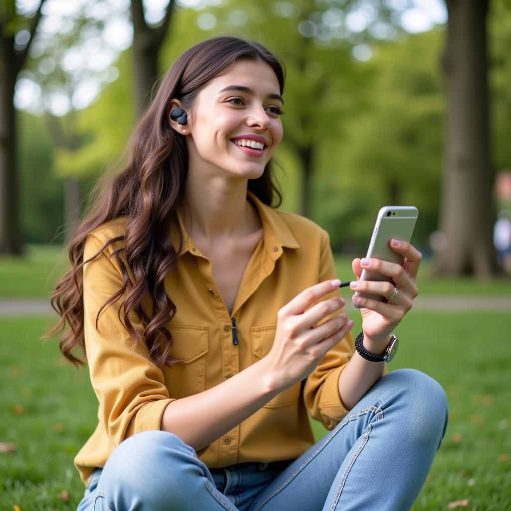 A woman enjoys listening to music with her new earbuds