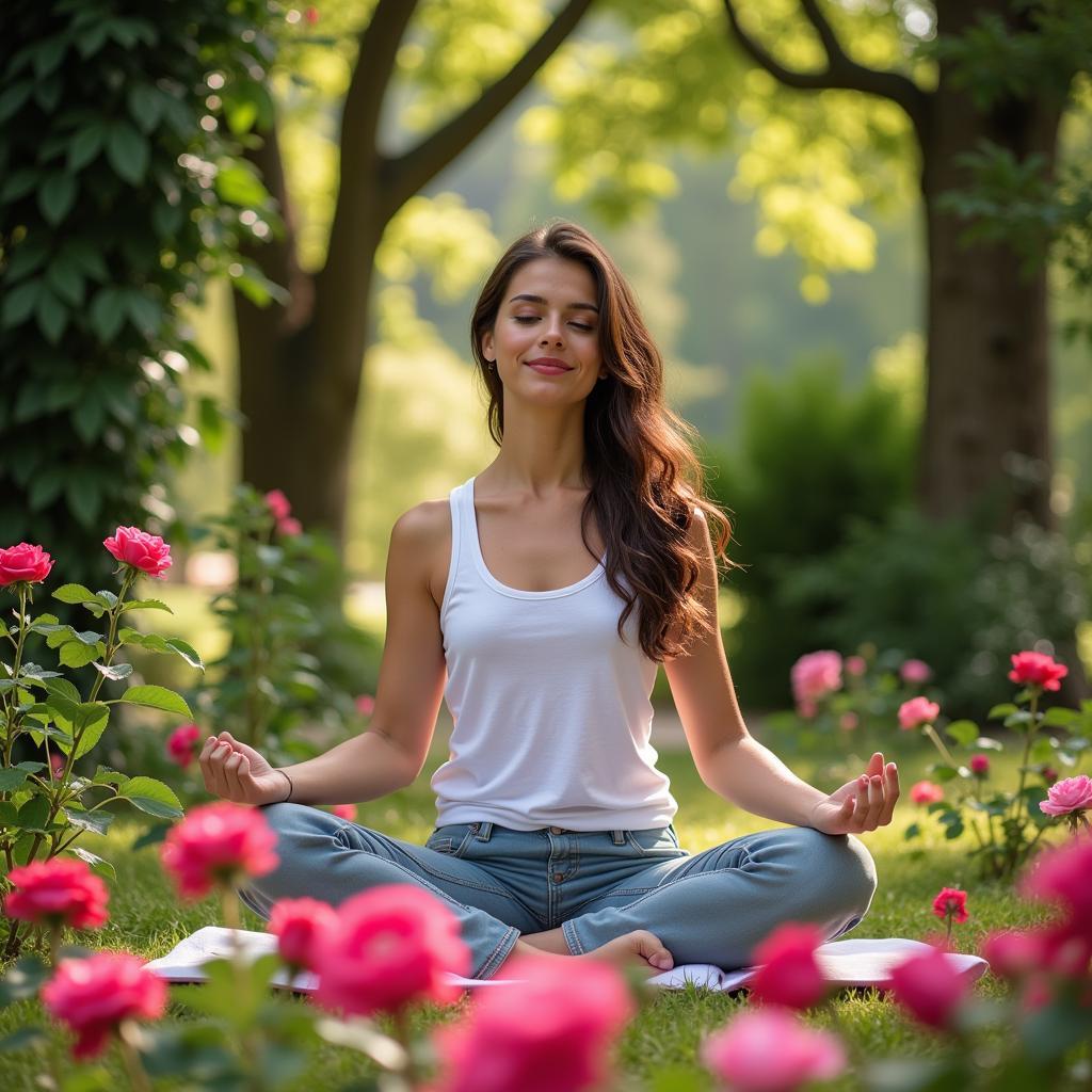 Woman meditating in a garden