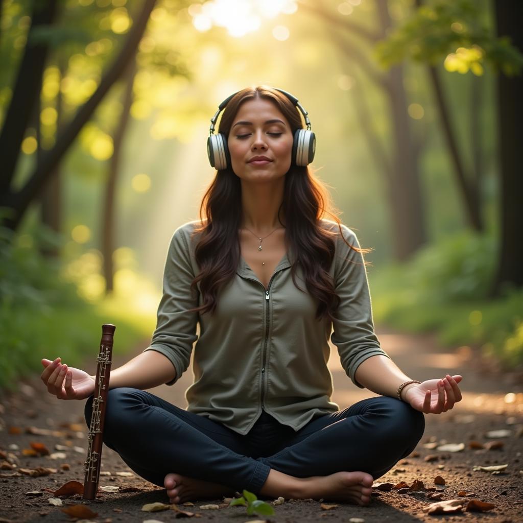 Woman meditating with American Indian flute music playing