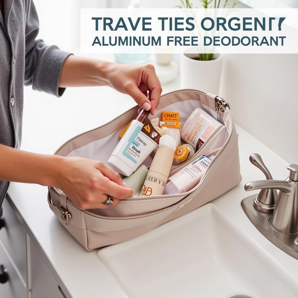 A woman packing a travel size aluminum free deodorant in her toiletry bag