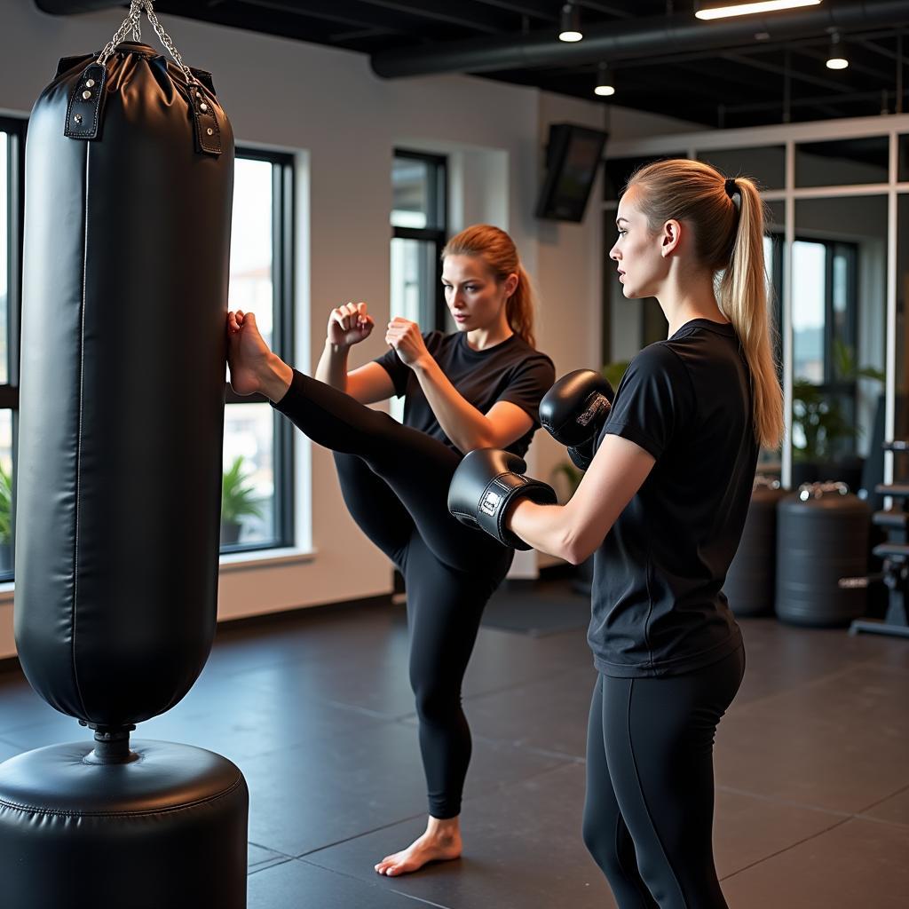 A woman practicing kickboxing moves with her personal trainer.