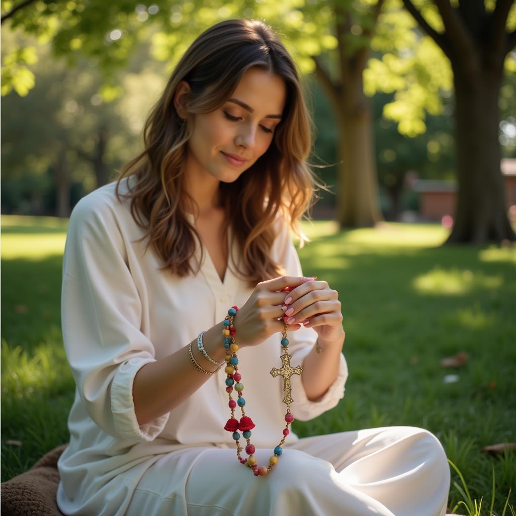 Woman Praying with Handmade Rosary in Garden