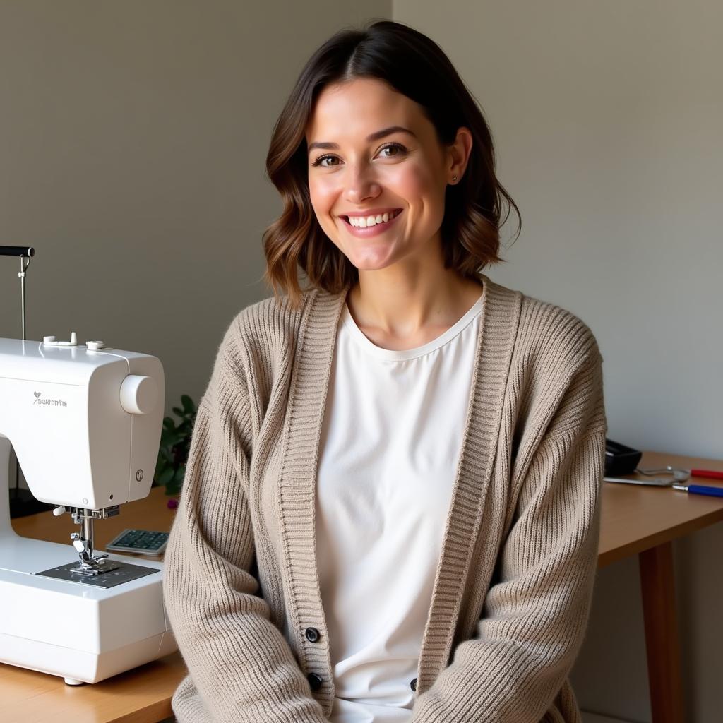 Woman Proudly Wearing Her Handmade Cardigan