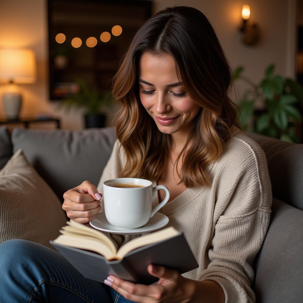 Woman Reflecting on her Bible Journal with a Cup of Tea