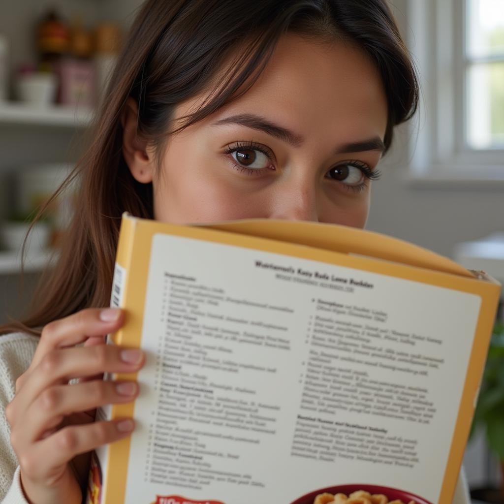 A woman carefully reading the ingredient list on a box of cereal.