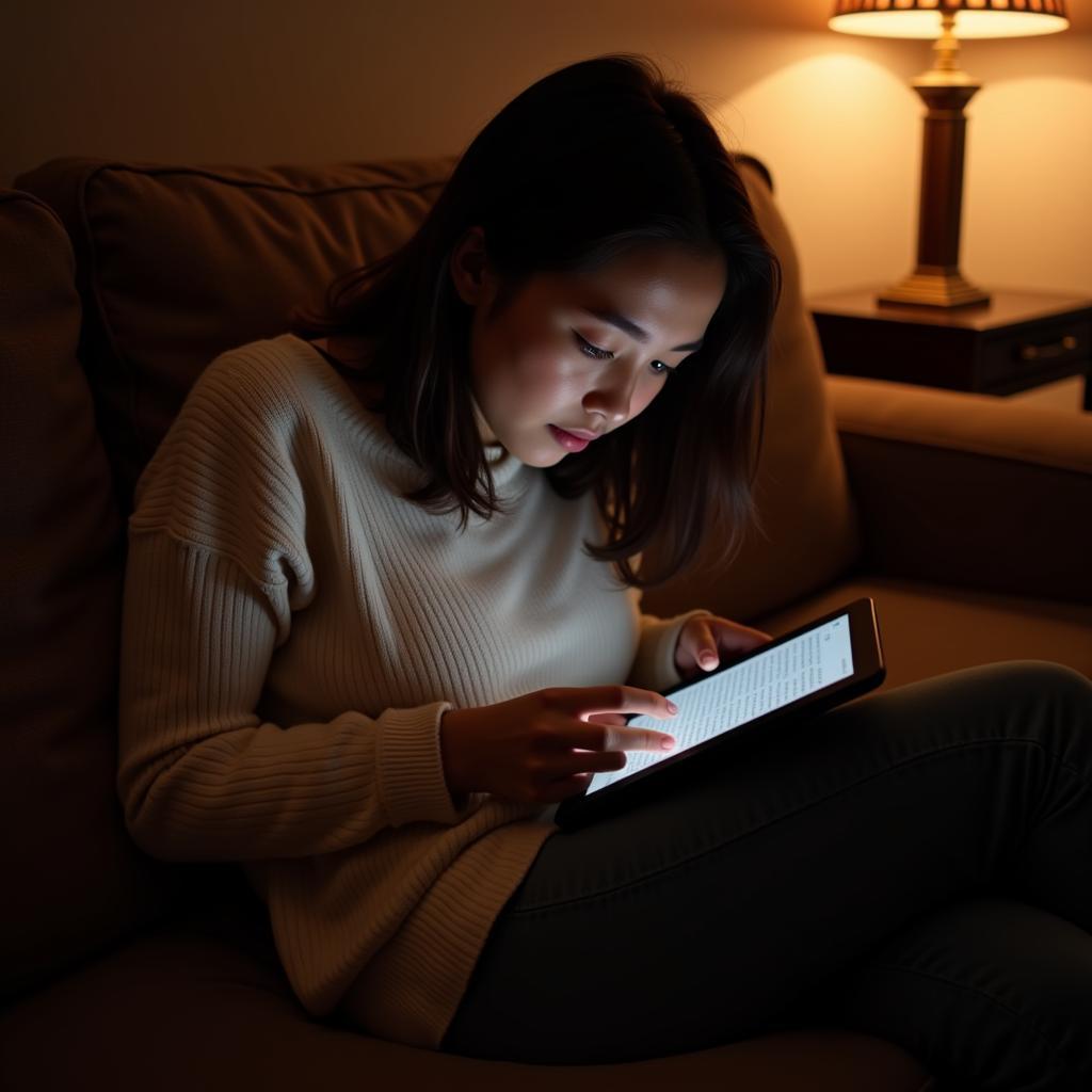 A woman engrossed in reading an ebook on a tablet.