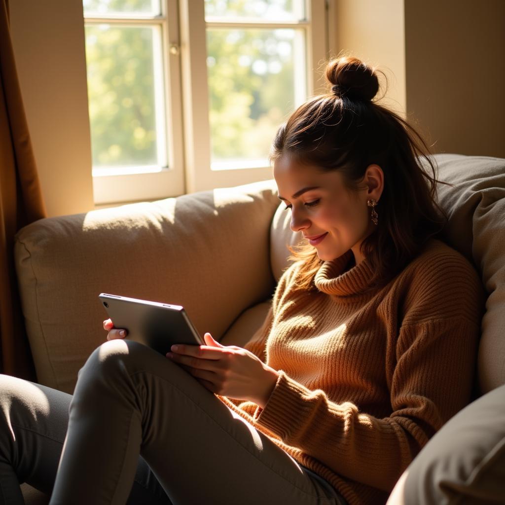 A woman relaxing on a couch while reading an ebook