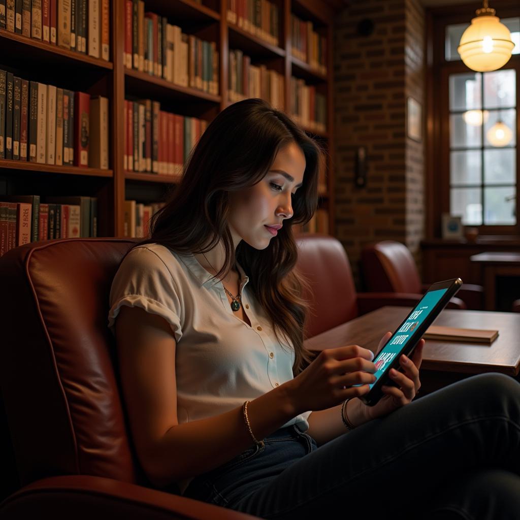 Woman Reading eBook in Library