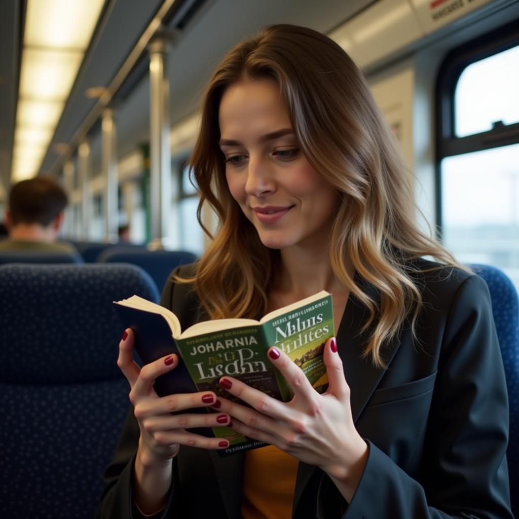 A woman engrossed in reading a Johanna Lindsey book on her phone while commuting.