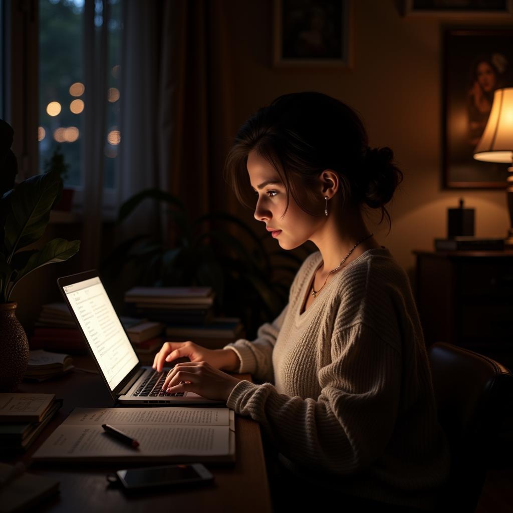 Woman enjoying a romance novel on her laptop