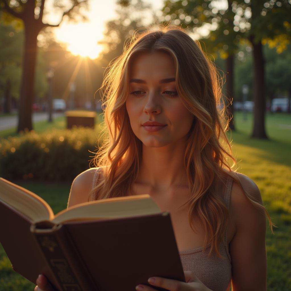 Woman enjoying a book on a park bench