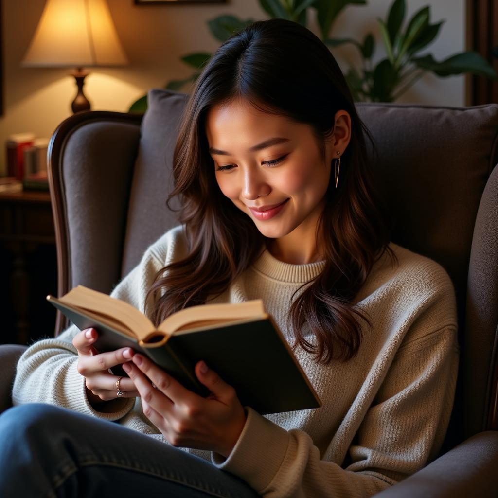 Woman engrossed in reading on phone.