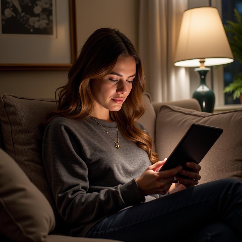 Woman engrossed in reading on a tablet