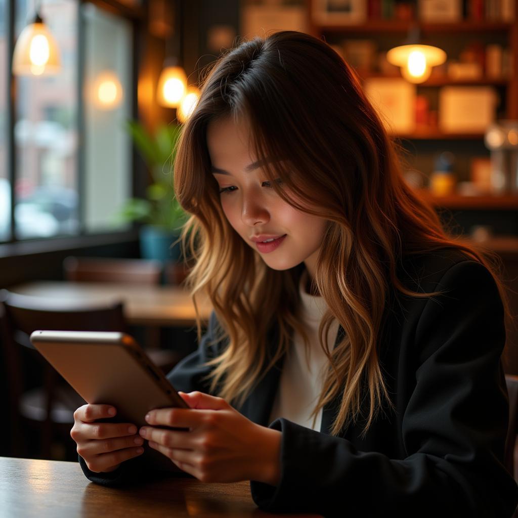 A woman engrossed in reading a novel on her tablet while sitting in a cozy cafe.