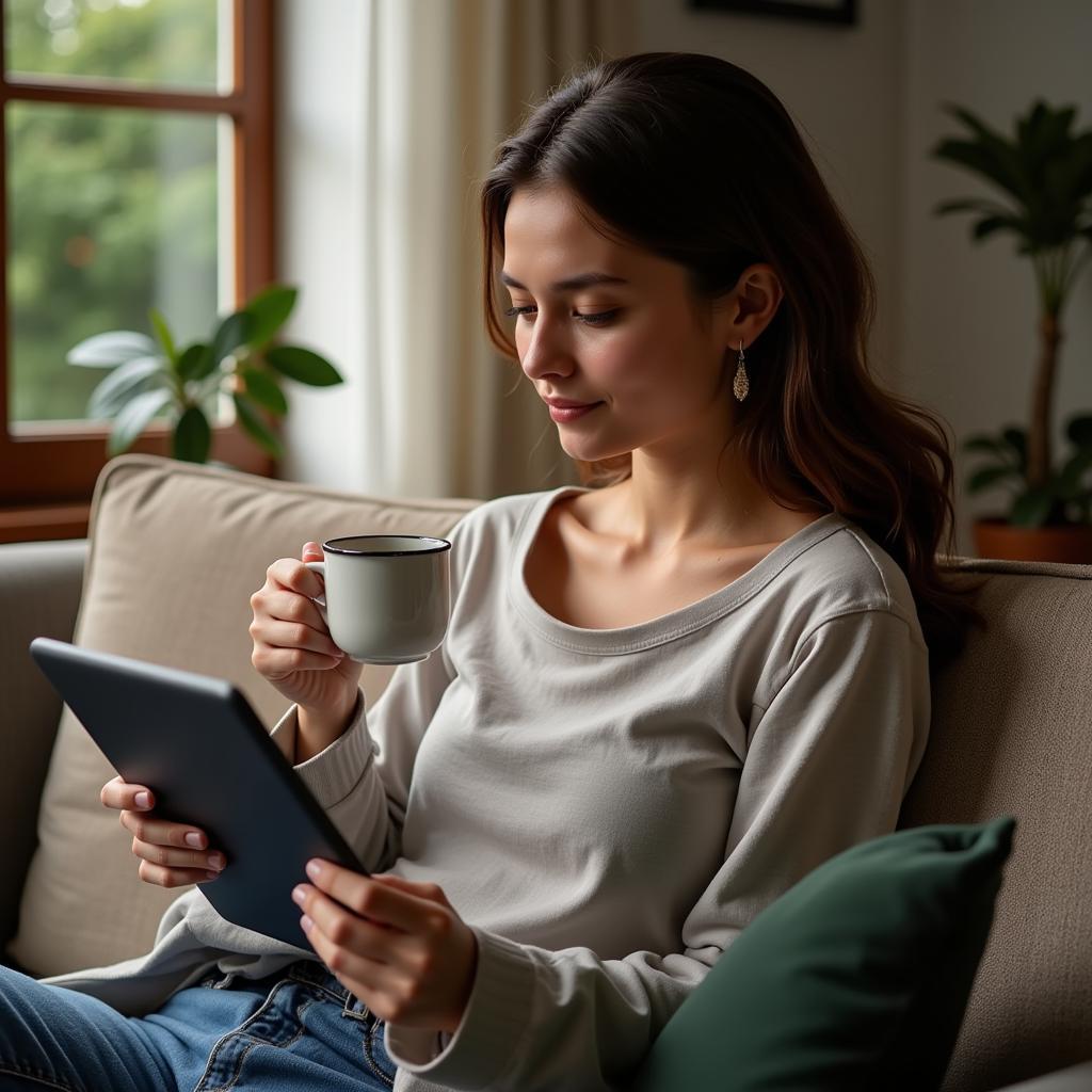 Woman reading on tablet with coffee