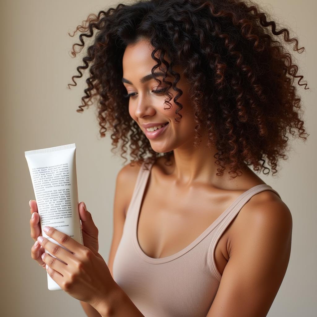 Woman carefully examining the label of a shampoo bottle