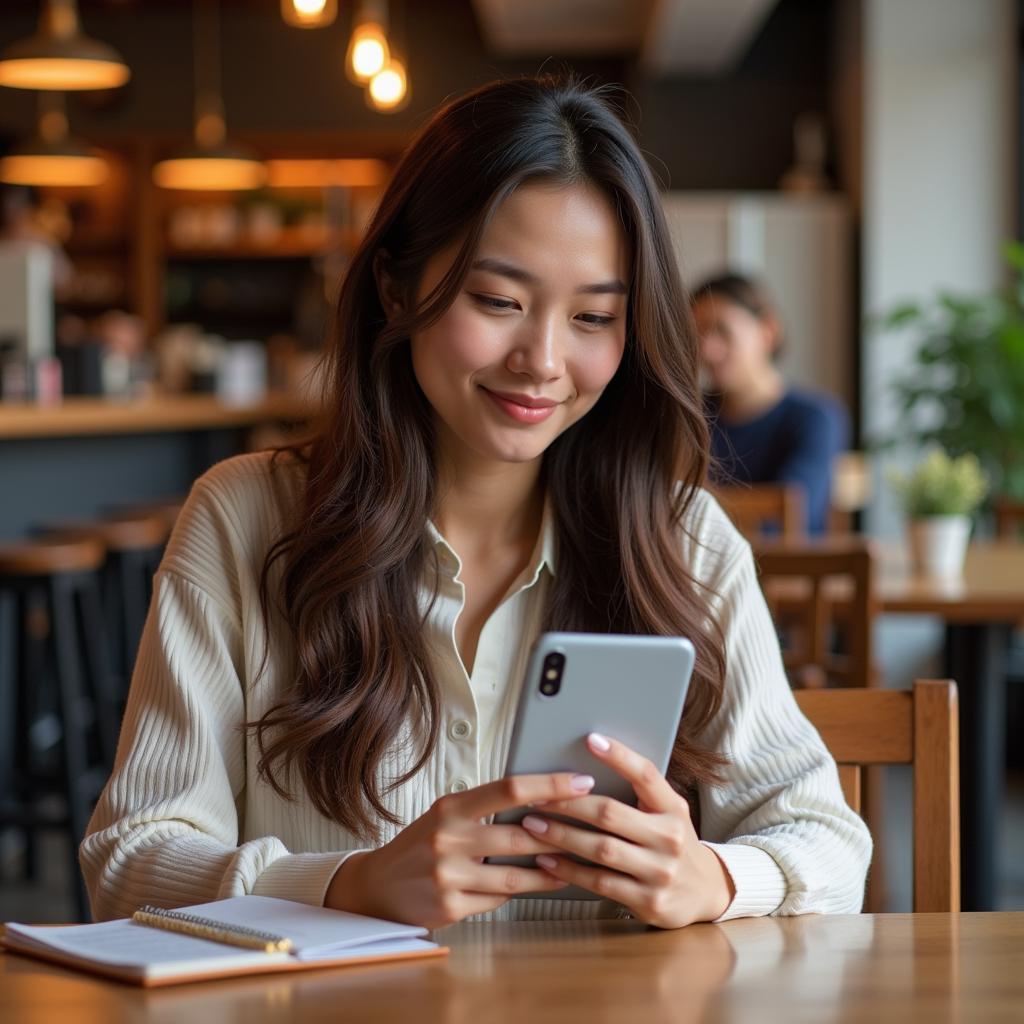 Woman reviewing free shipping policy on her phone.