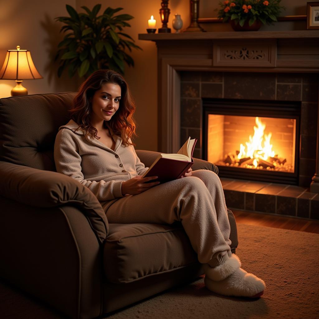 Woman Relaxing in Footed Pajamas by a Fireplace