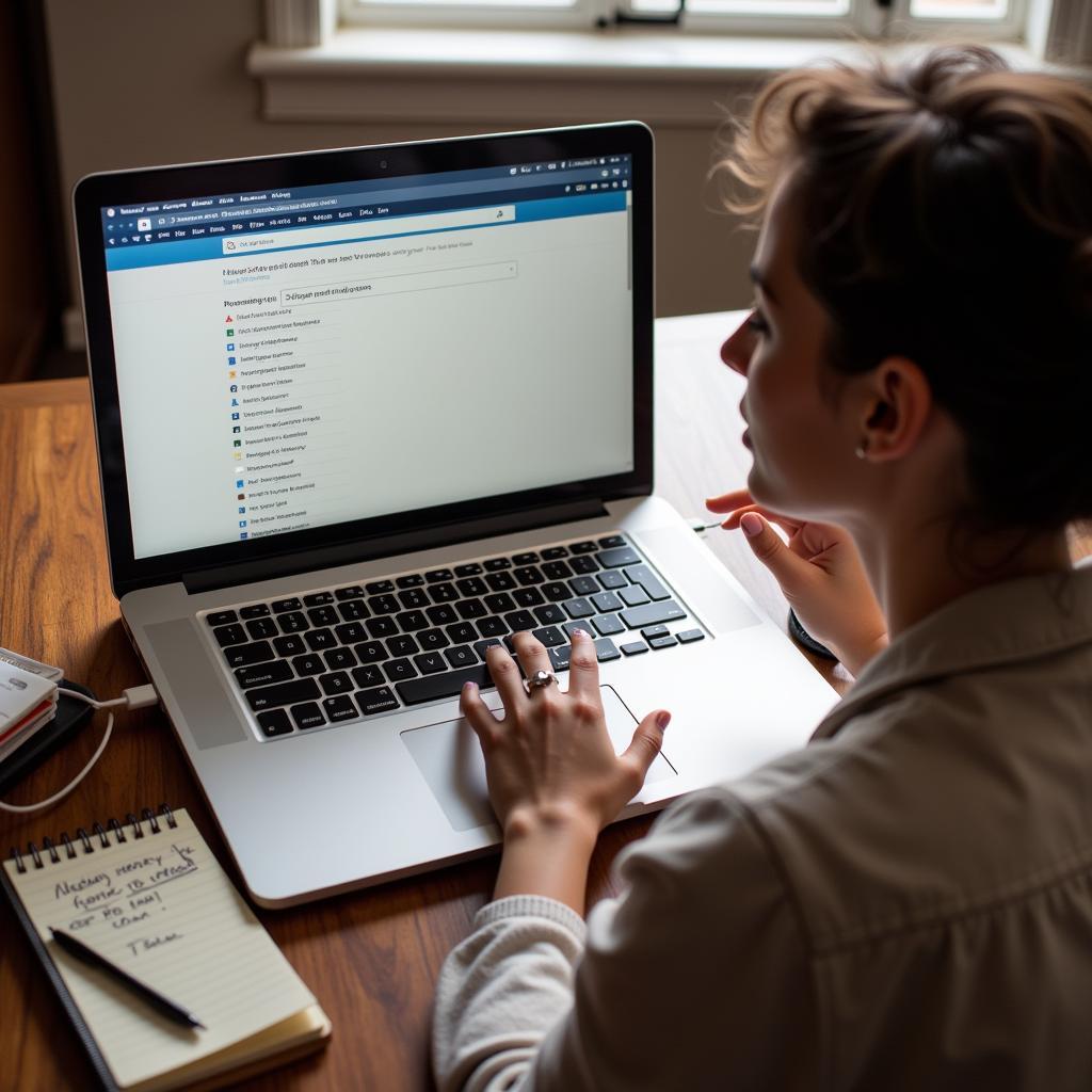 Woman researching online reading platforms on laptop