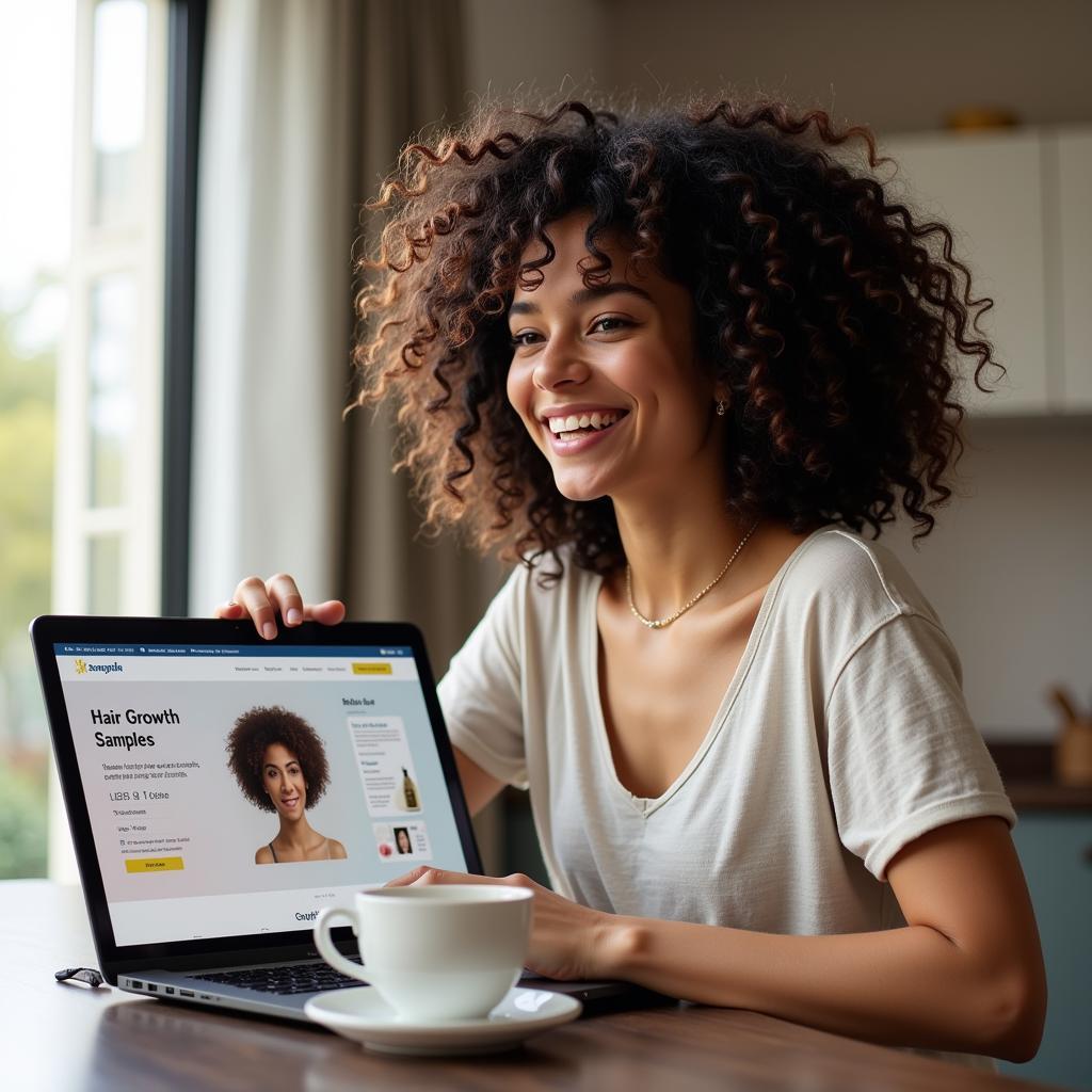 Woman Browsing for Free Hair Growth Samples Online