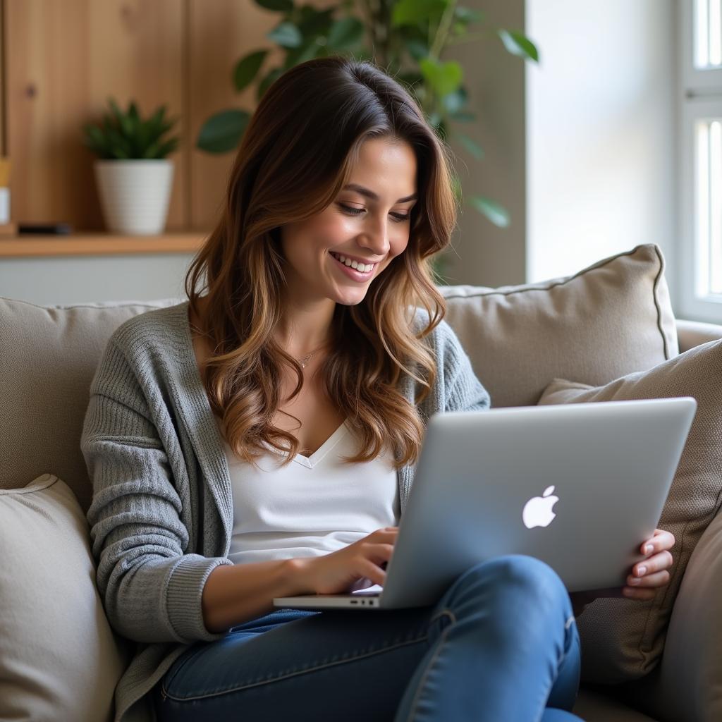 Woman browsing free razor sample offers on her laptop