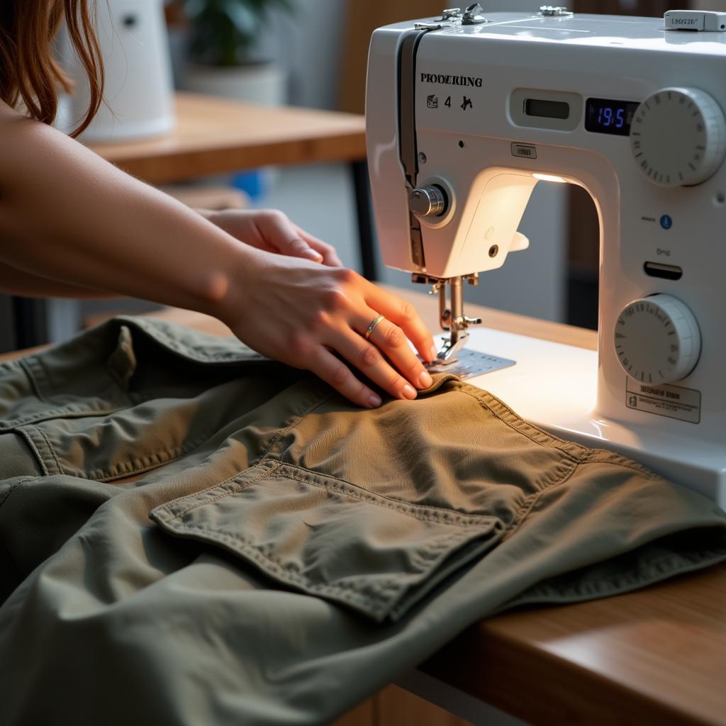 Woman meticulously sewing cargo pants