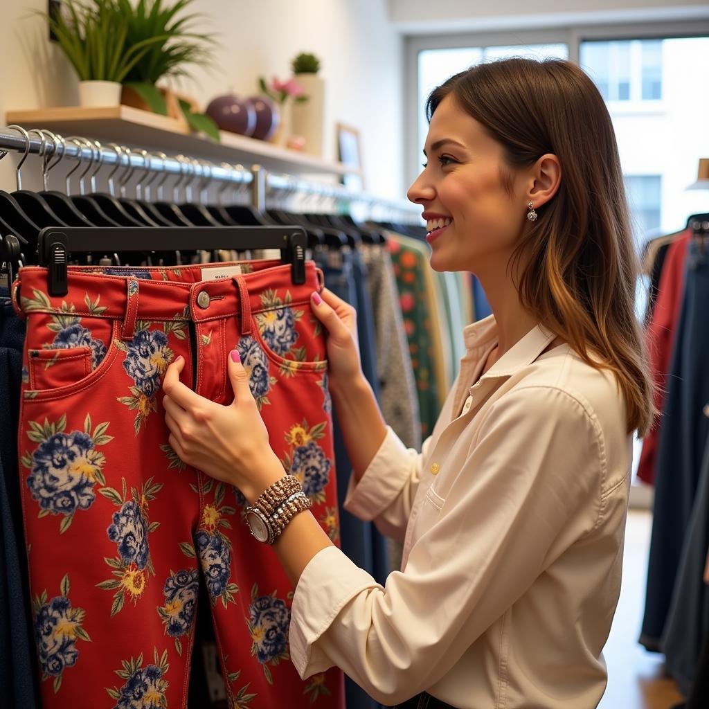 Woman shopping for Free People After Love Cuff Pants in a clothing store