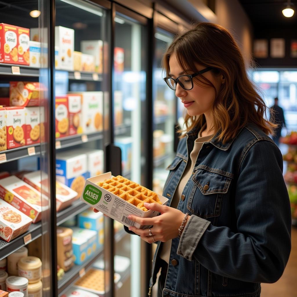 A woman shops in the frozen food aisle carefully examining a box of waffles.