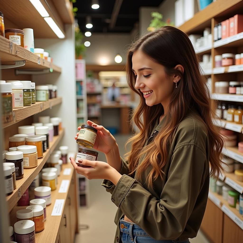 Woman selecting a plastic-free beauty product