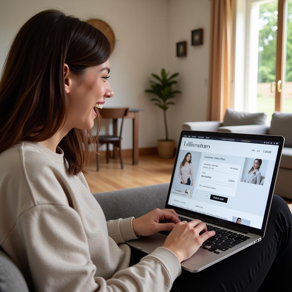 Smiling woman adding items to her online shopping cart, using a Lollicouture discount code.