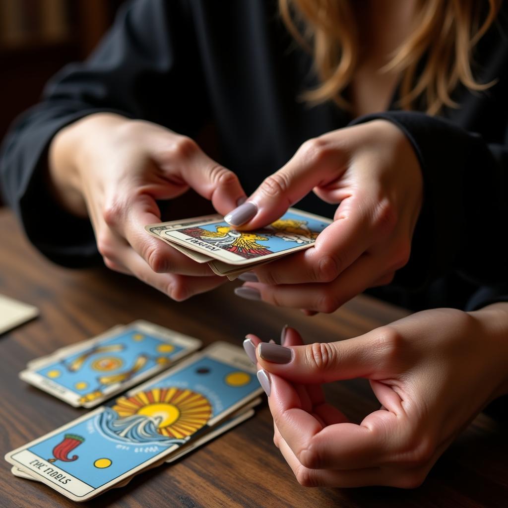 Woman shuffling a deck of tarot cards in preparation for a reading