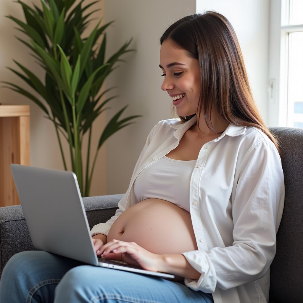 Mother Signing Up for Free Baby Boxes on Laptop