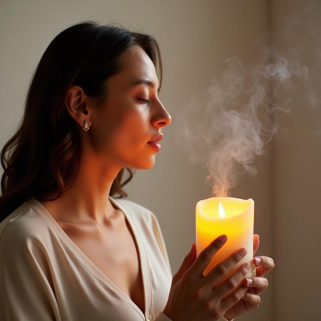 A woman enjoying the fragrance of a paraffin-free candle