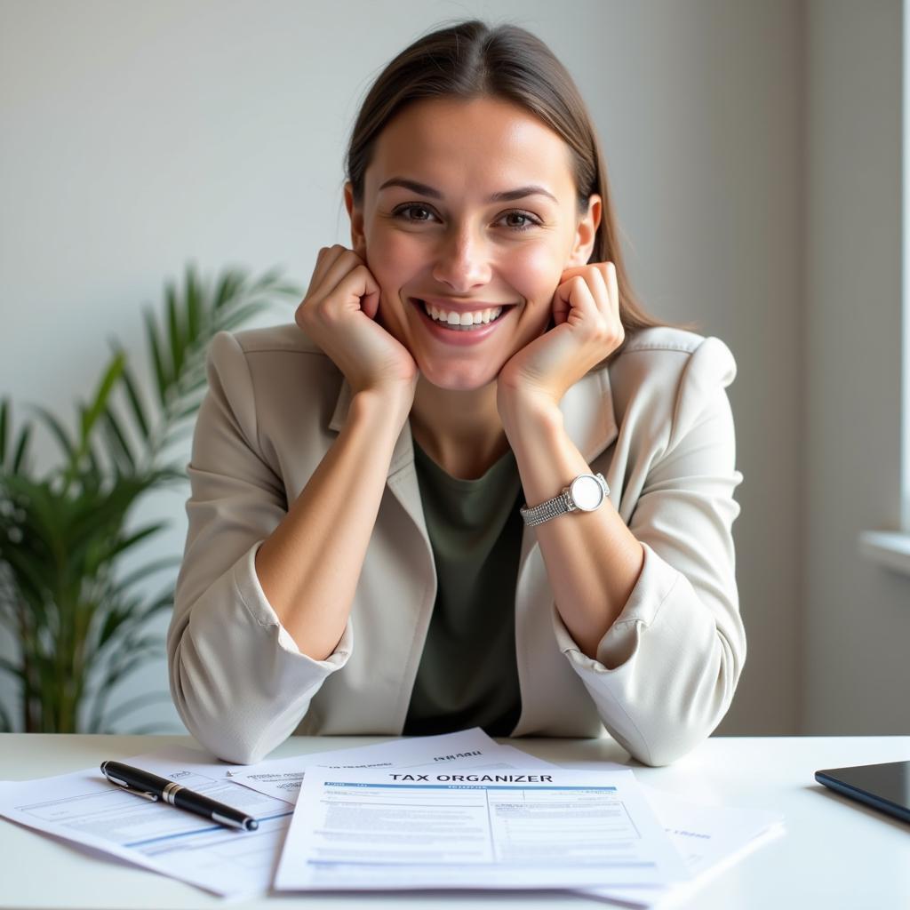 Woman Smiling After Filing Taxes with Organizer