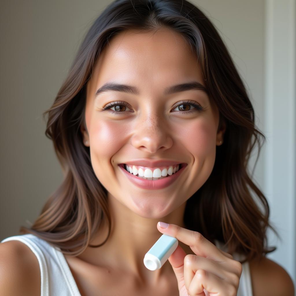 A Woman Smiling While Chewing Gum