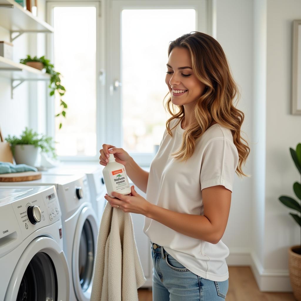 A woman happily sorts laundry using coconut-free detergent