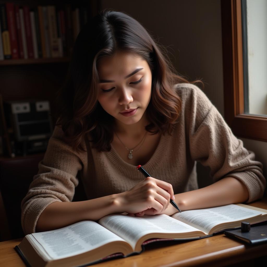 Woman Studying Bible with Notebook