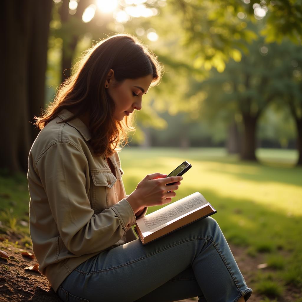 A woman deeply engrossed in studying the Book of Proverbs on her phone