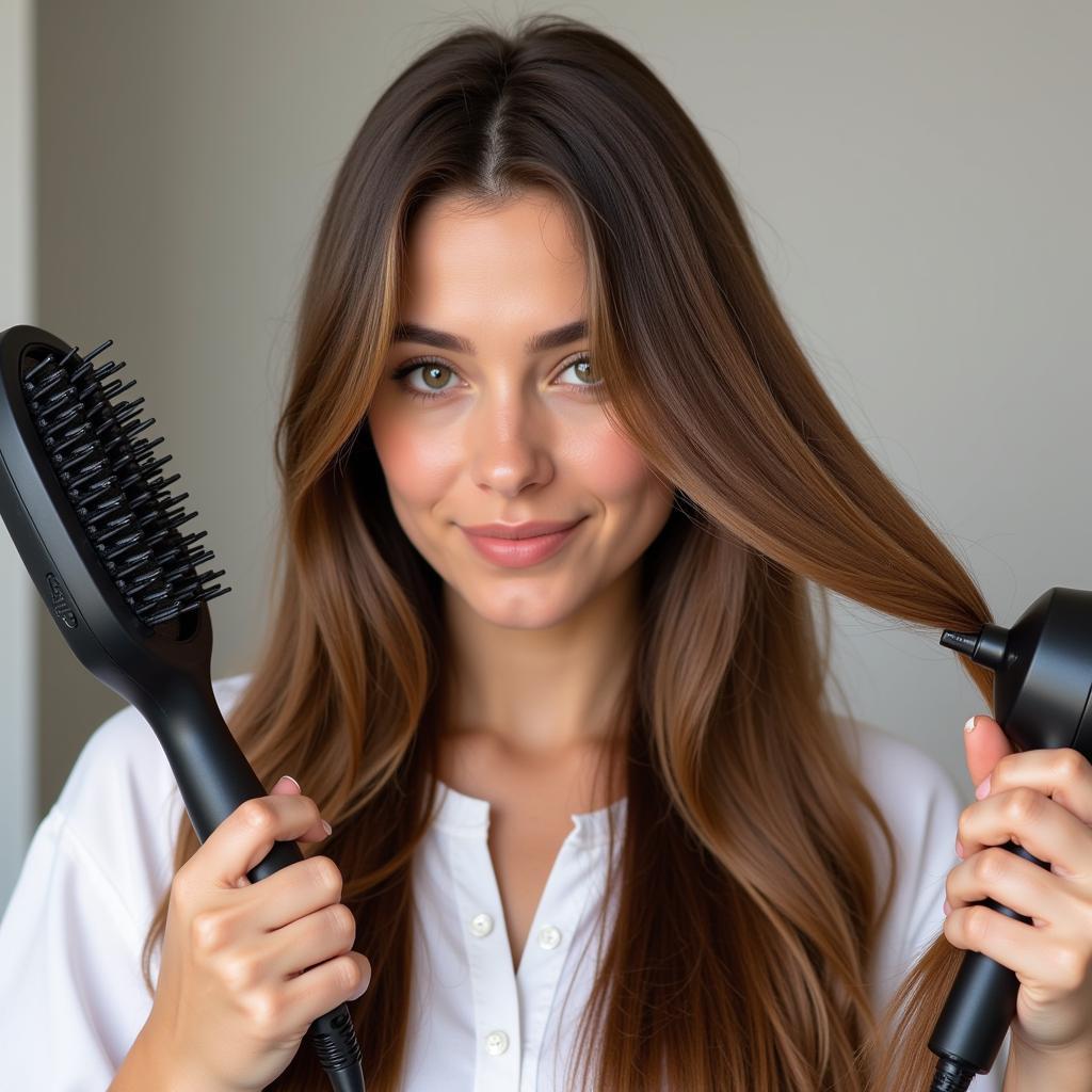 Woman styling her sleek hair after a keratin treatment