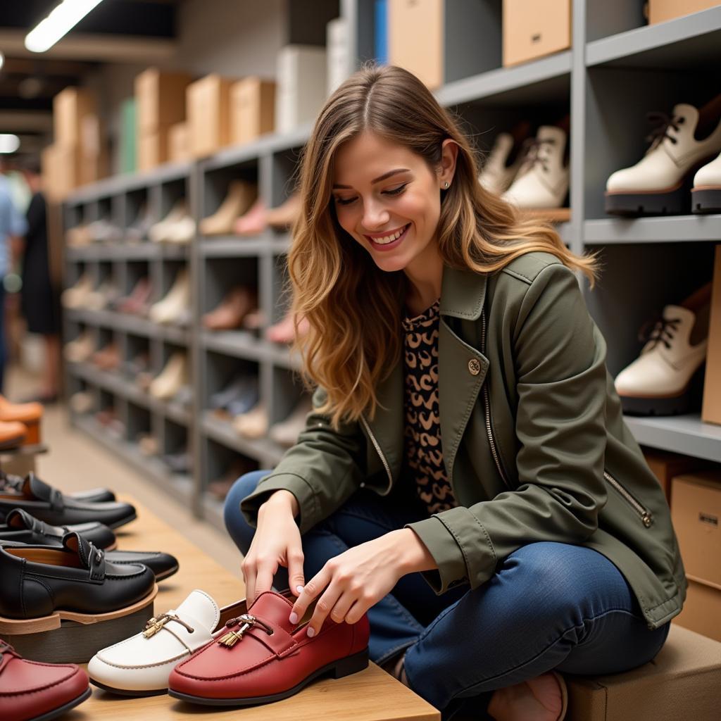 A woman trying on hands-free shoes in a shoe store.