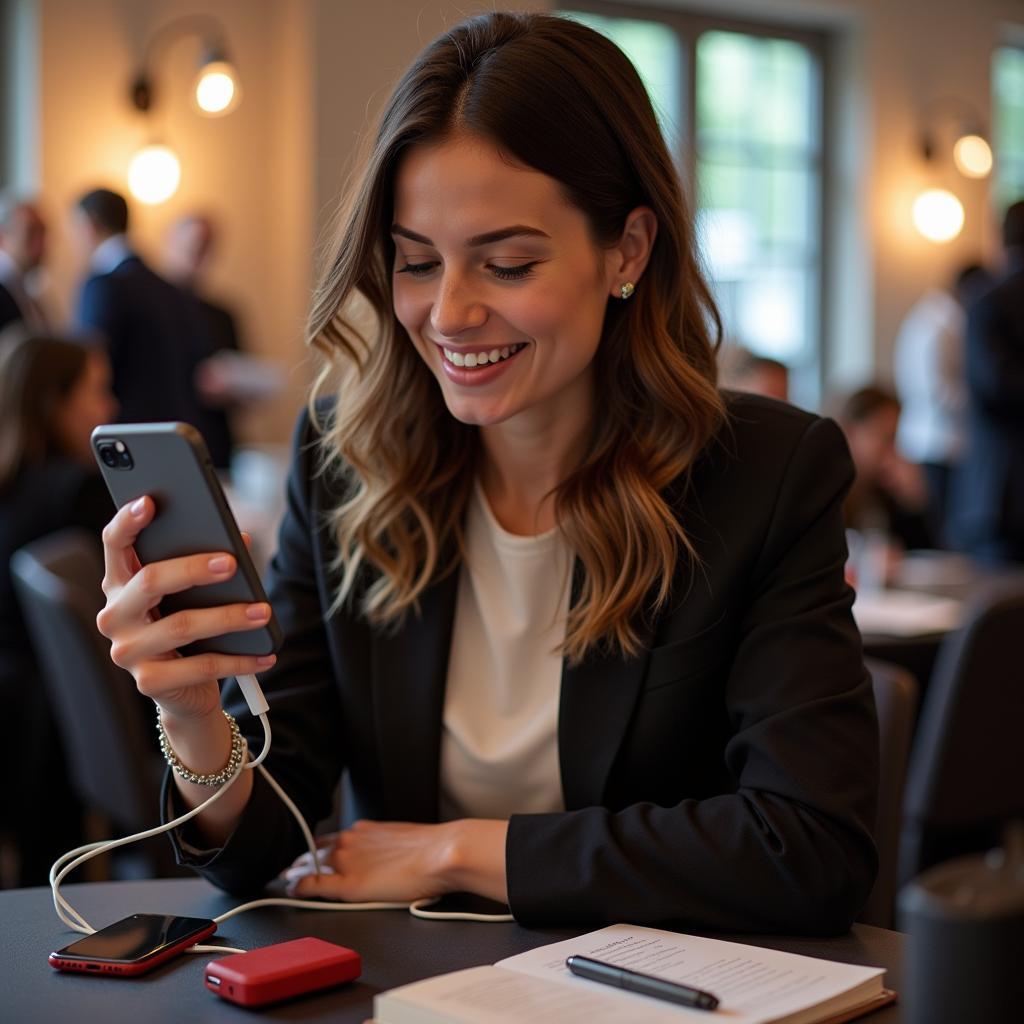 Woman Using a Free Promotional Product at a Conference