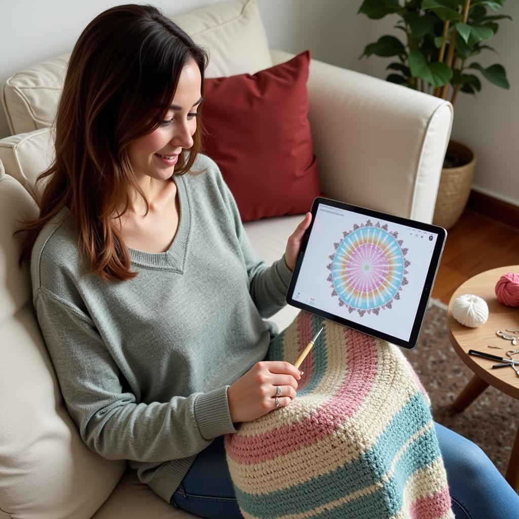 Woman Using a Tablet to View a Crochet Diagram Pattern