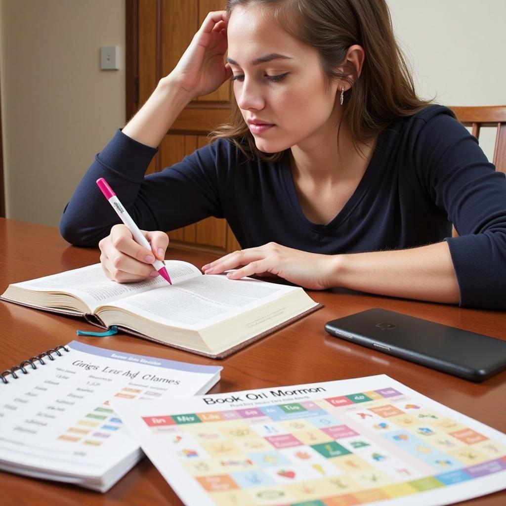 A woman using a Book of Mormon reading chart while studying