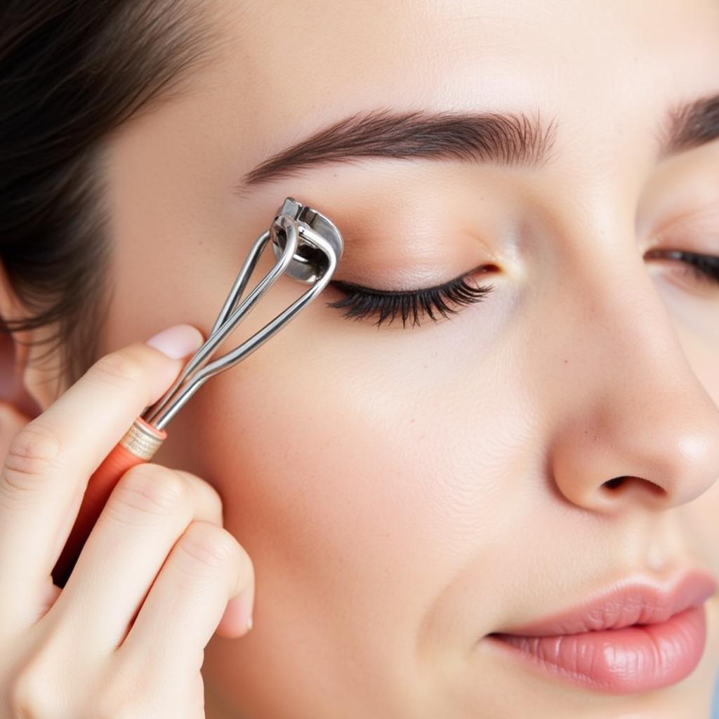 A woman demonstrating the correct way to use an edge-free eyelash curler