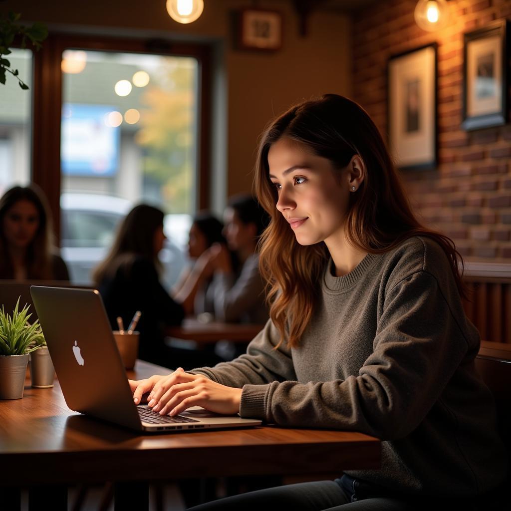 Woman Working on Laptop in Cafe Using Free Wifi