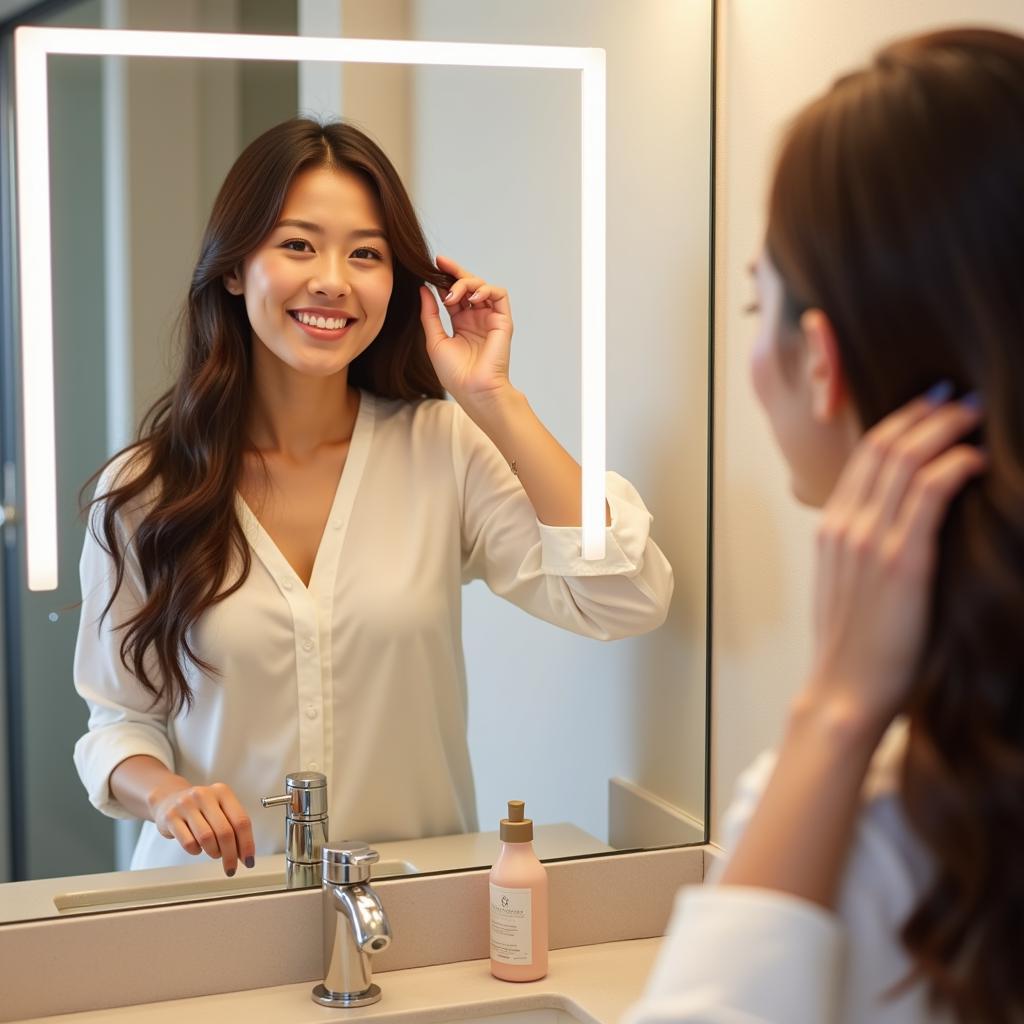 A Woman Using a Hands-Free Mirror in Her Bathroom