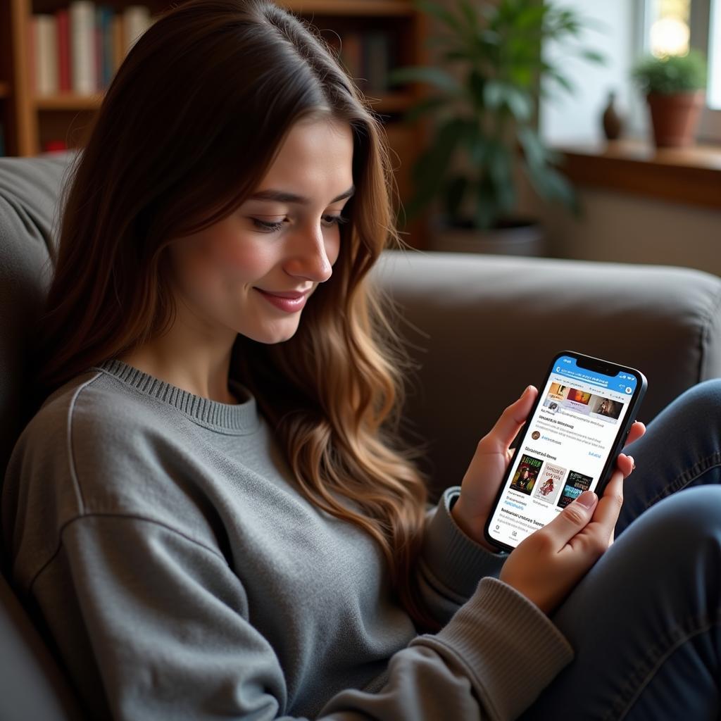 Woman borrowing ebooks through a library app